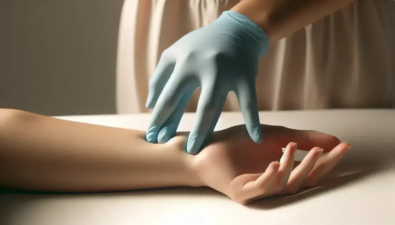 Mano con guantes de látex azul claro aplicando técnica de masaje suave en brazo extendido sobre fondo blanco, enfatizando un tratamiento de fisioterapia o relajación.