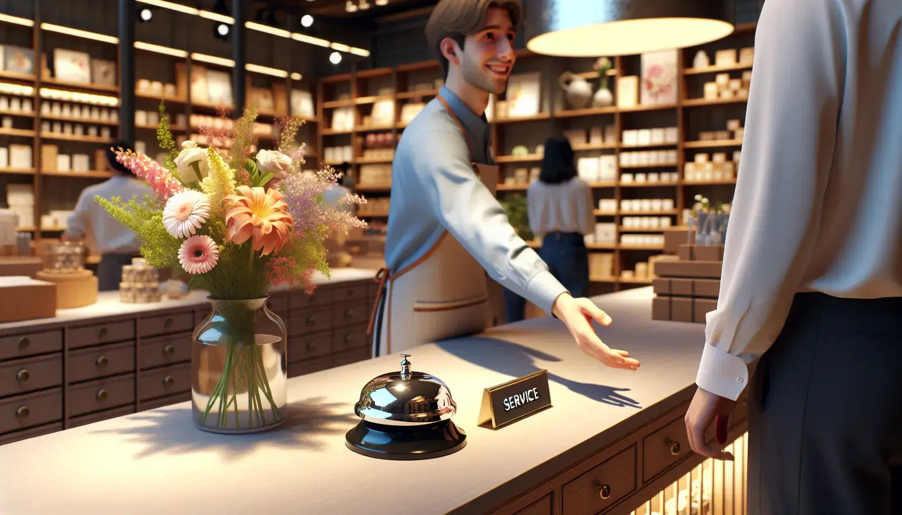 Empleado sonriente en tienda extendiendo la mano hacia cliente con camisa blanca, mostrador con timbre y arreglo floral colorido, estantes con productos al fondo.
