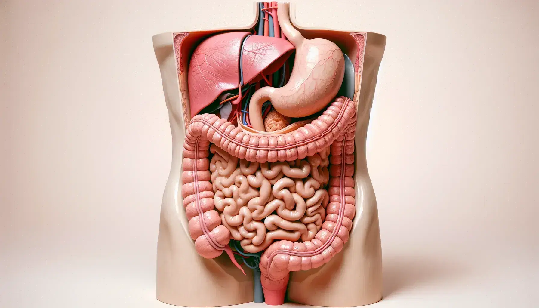 Modelo anatómico detallado del sistema digestivo humano, mostrando órganos desde la boca hasta el ano en colores diferenciados y con texturas realistas.