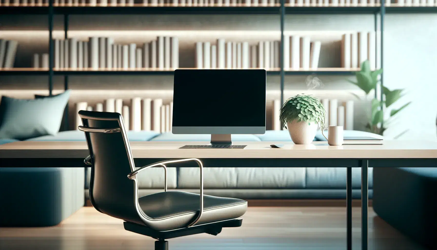 Modern workstation with black laptop, green plant and cup of coffee, ergonomic office seat and blurry bookcase on background.