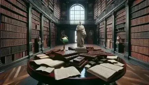 Biblioteca antica con scaffali in legno scuro pieni di libri rilegati, tavolo ovale con libri aperti, statua marmorea di uomo in toga e scala a chiocciola.