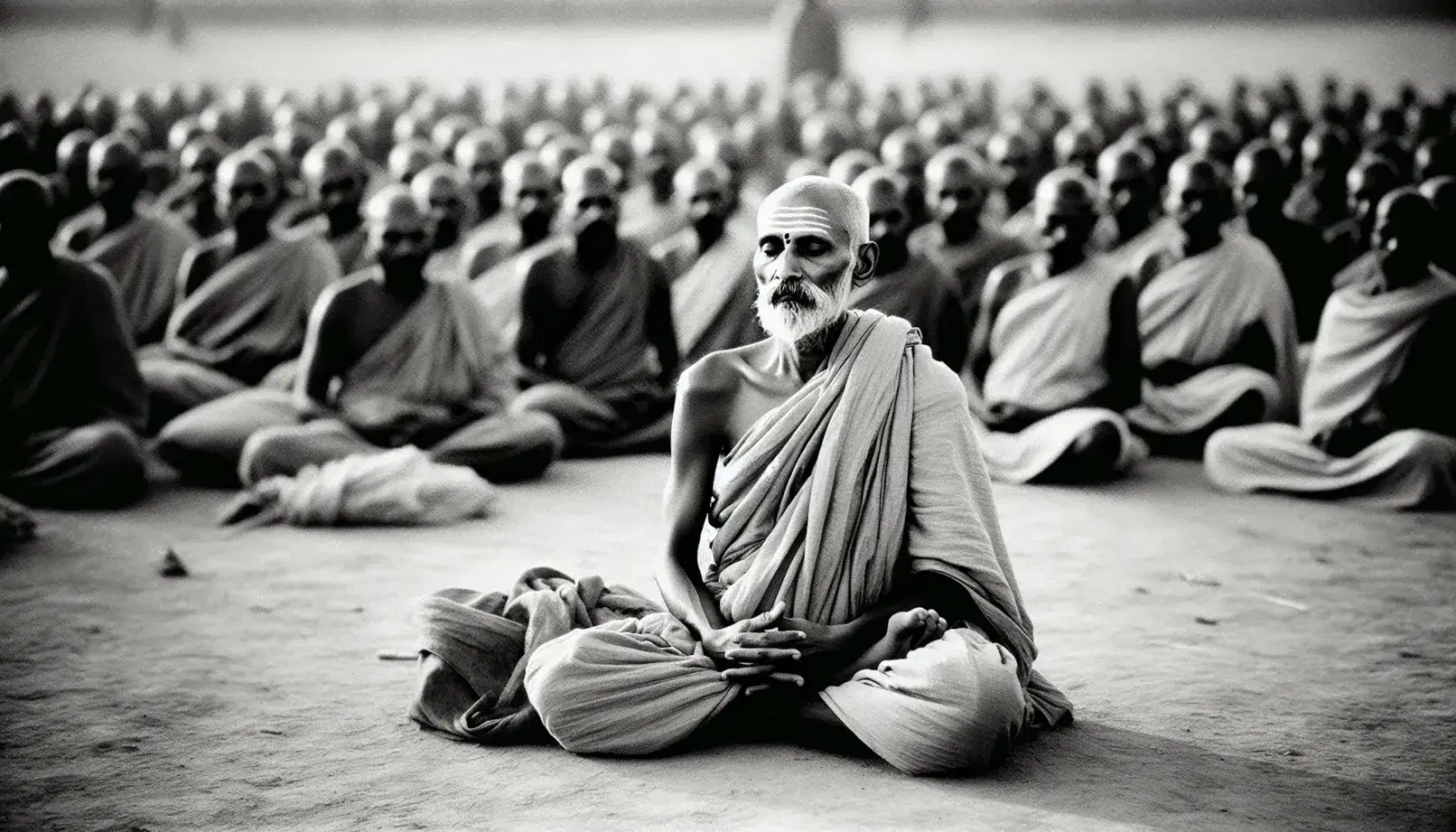 Filosofo indiano in meditazione seduto a terra con dhoti e scialle, espressione serena, seguaci sfocati sullo sfondo.