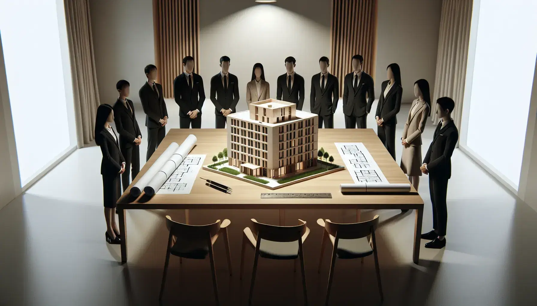 Grupo de profesionales en trajes formales observando maqueta detallada de edificio con jardín y planos arquitectónicos sobre mesa en reunión de trabajo.