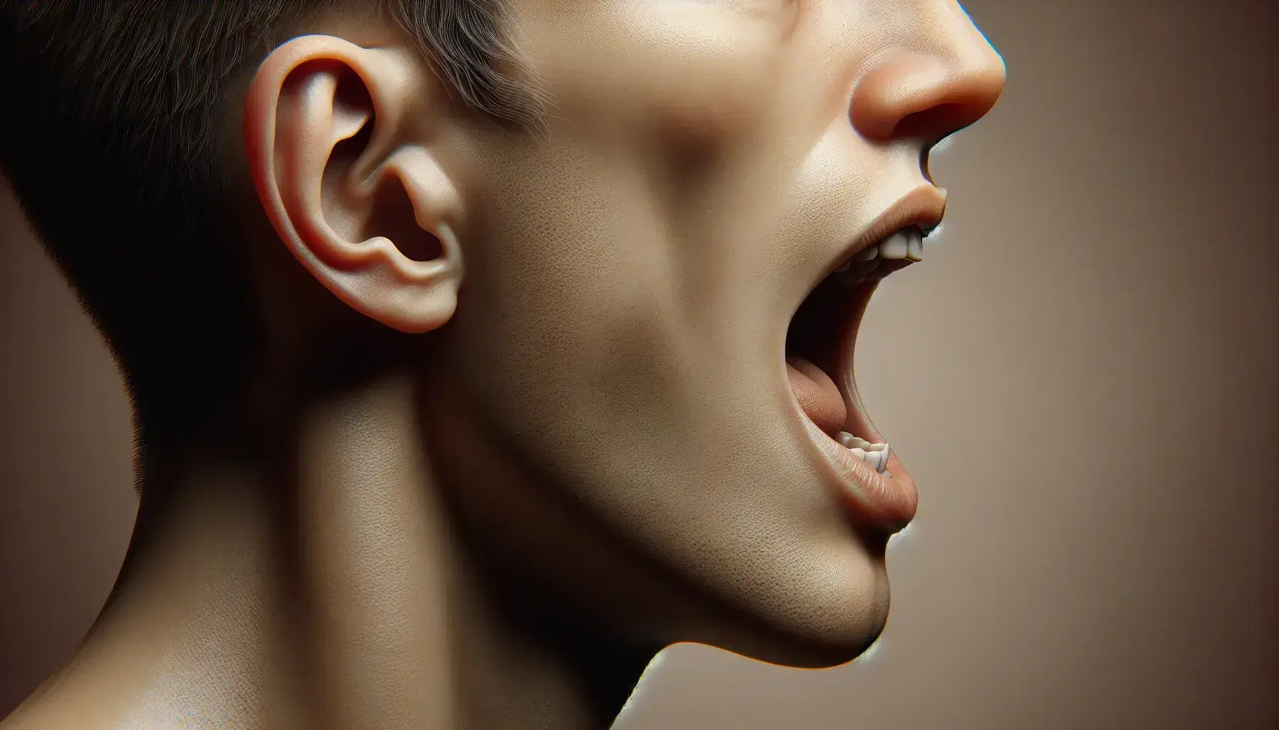 Perfil humano enfocado en boca entreabierta con dientes visibles y oreja, sobre fondo neutro.