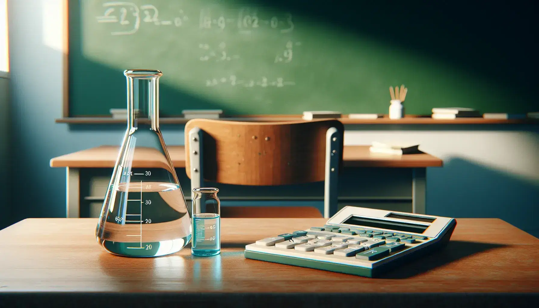 Wooden desk with glass beakers containing clear and blue liquids on a white tile, beside an unpowered mechanical calculator, in a classroom with a green chalkboard and red-cushioned chair.