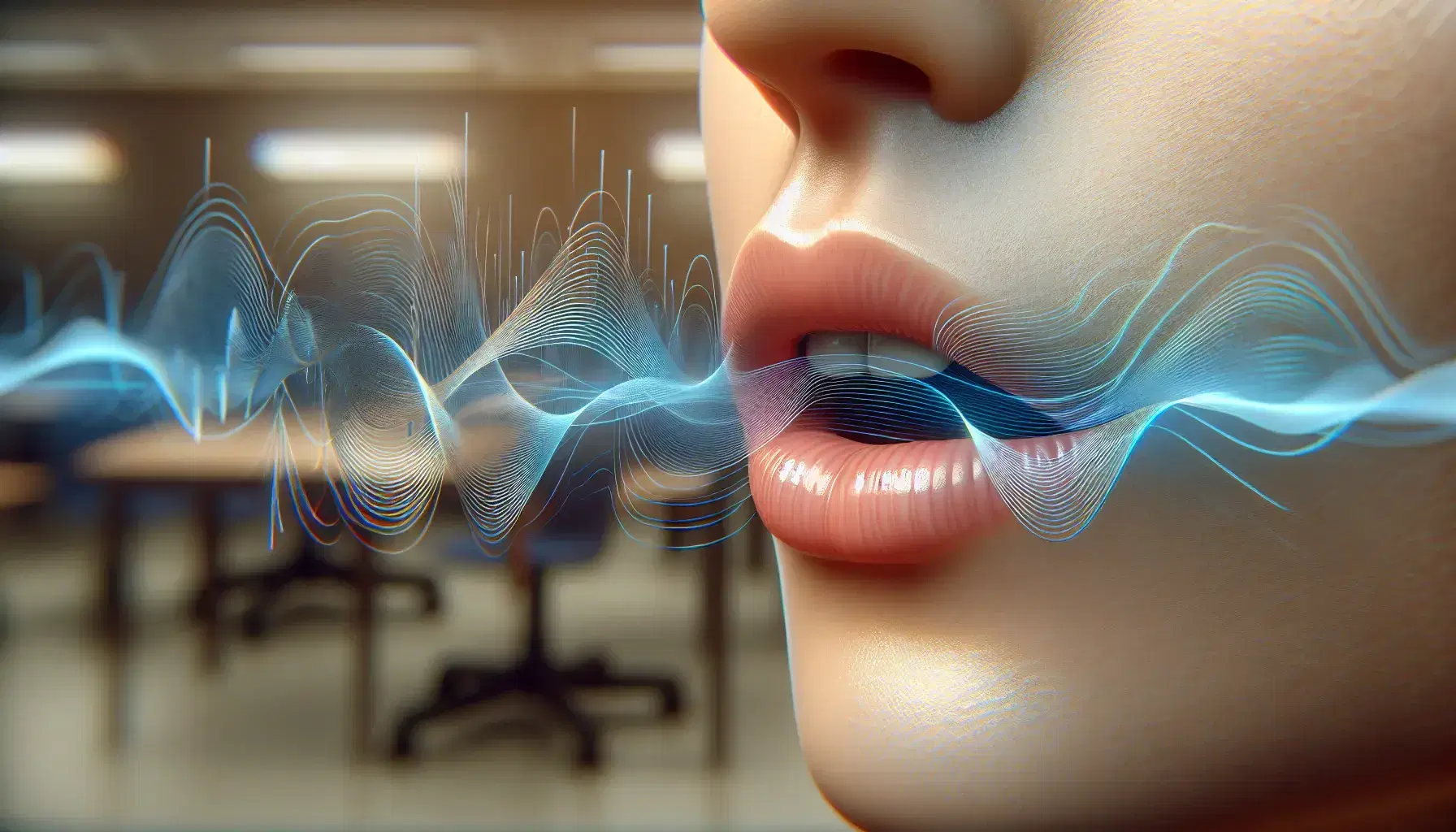 Close-up view of a human mouth slightly open during speech with visible teeth, accompanied by semi-transparent blue sound waves against a blurred classroom backdrop.