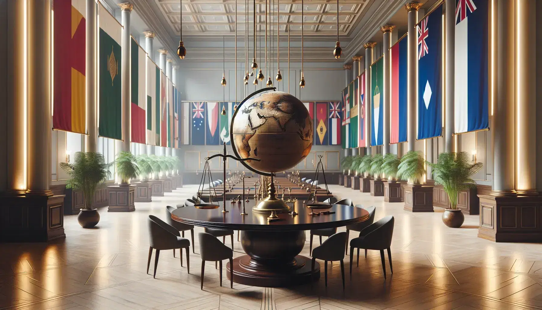 Sala amplia con mesa ovalada de madera oscura, sillas altas azules, globo terráqueo, balanza de bronce y martillo, junto a banderas lisas y planta verde.