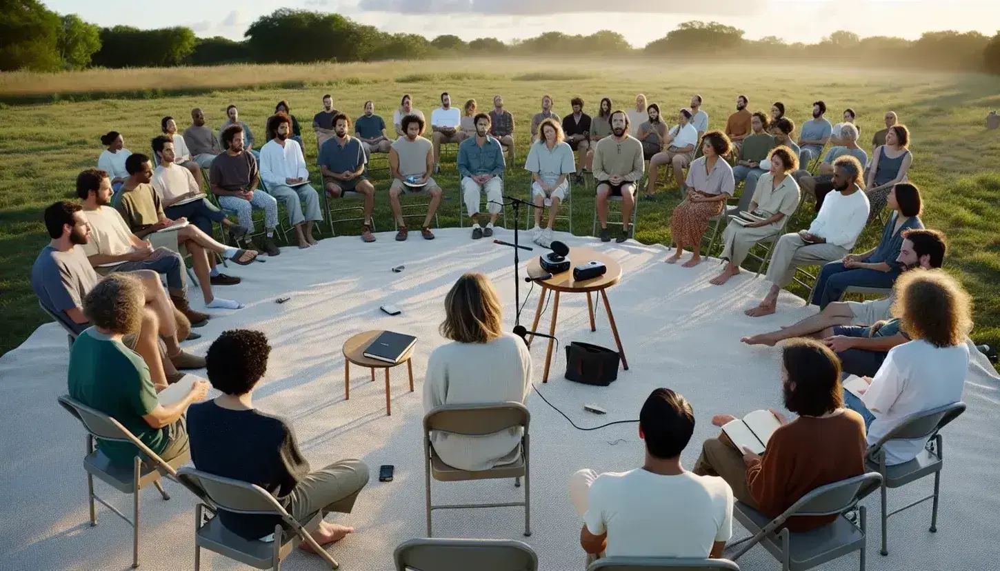 Reunión al aire libre de personas diversas sentadas en círculo con mesa central con grabadora y cuaderno, en un parque soleado.