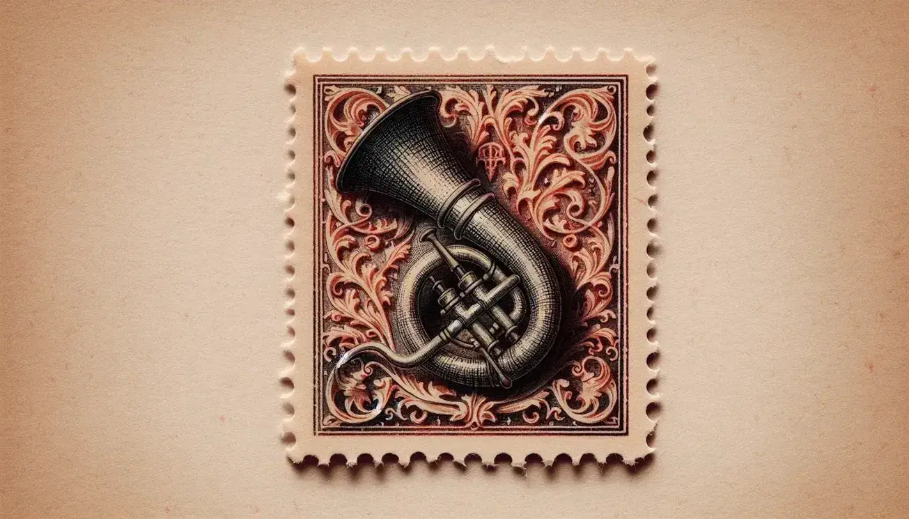 Vintage postage stamp with detailed drawing of a red and black horn surrounded by ornamental flourishes on a light beige background.