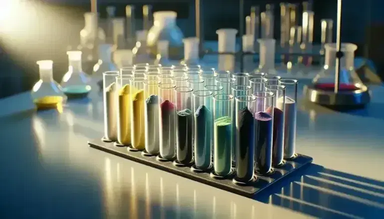 Provette in vetro trasparente con polveri colorate su supporto metallico in laboratorio scientifico, ombre e riflessi su superficie bianca.