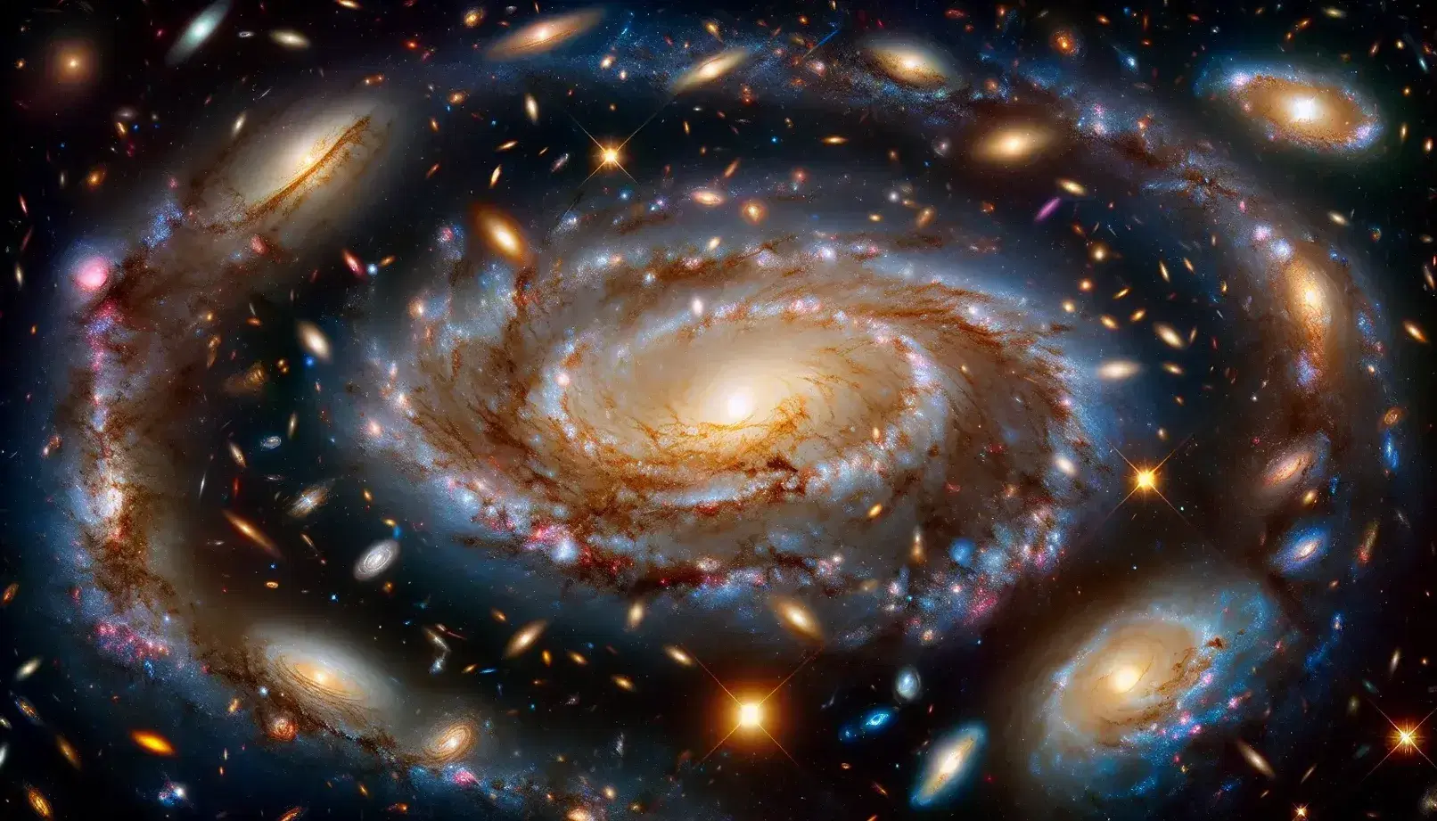 Hubble Telescope captures a vibrant deep space scene with a prominent spiral galaxy, surrounded by diverse galaxies against a star-filled backdrop.