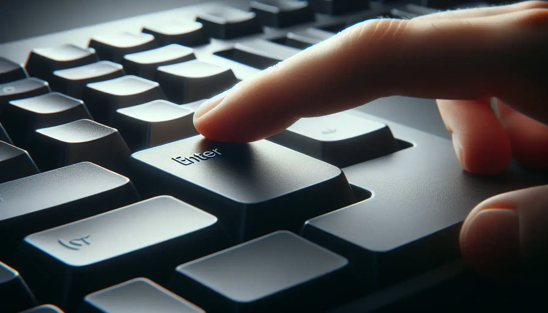 Close-up of a matte black QWERTY computer keyboard with a light-skinned finger pressing the magnified 'Enter' key, blurred background with soft lighting.