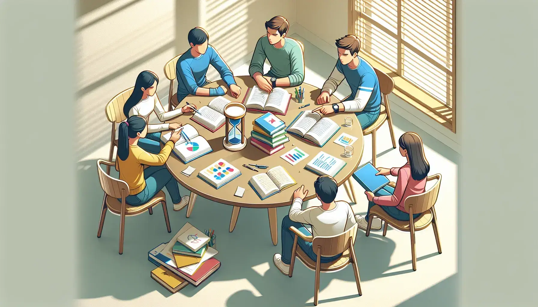 Cinco estudiantes discuten activamente alrededor de una mesa redonda con cuadernos y papeles, junto a un reloj de arena, en una sala iluminada naturalmente.