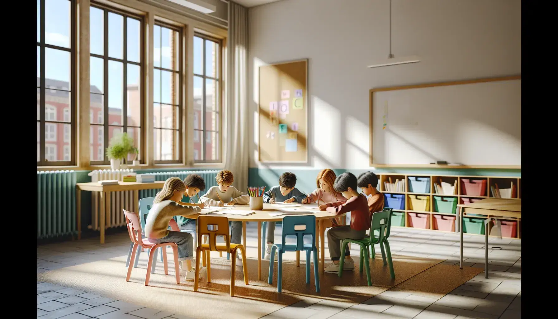 Aula luminosa con cinco estudiantes concentrados dibujando en mesa redonda de madera, sillas plásticas de colores, pizarra blanca y estantería con libros.