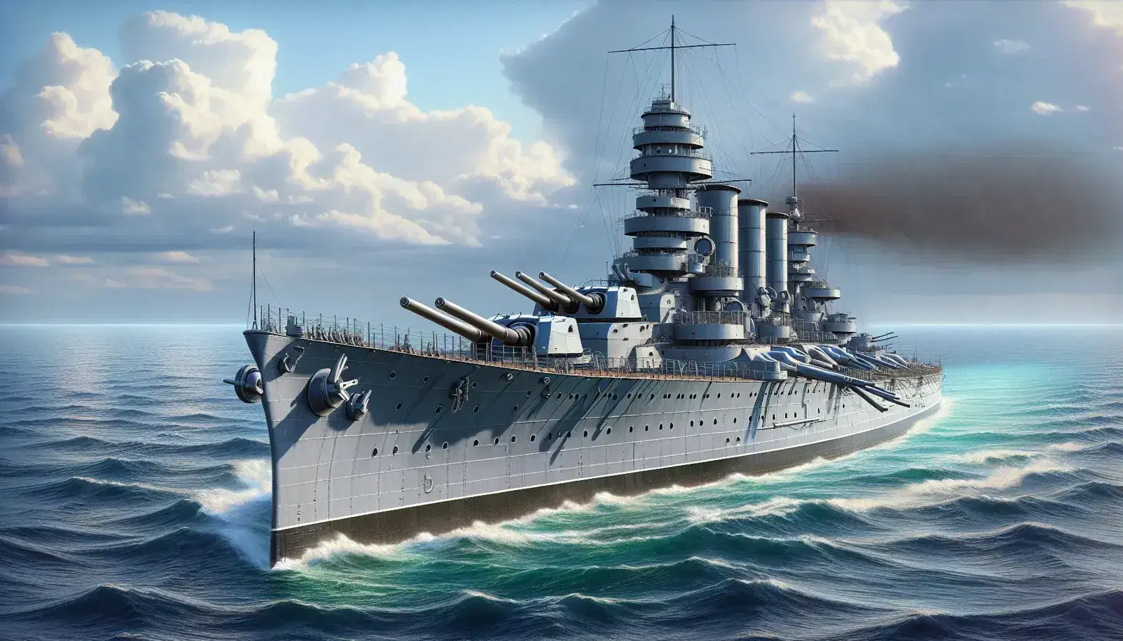 Early 20th-century battleship at sea with large gun turrets, multiple smoke funnels, and a sleek hull reflecting sunlight on the ocean.