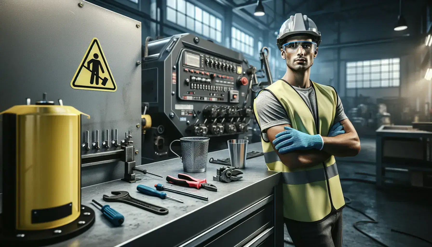 Trabajador con casco y chaleco reflectante junto a banco de trabajo con herramientas manuales en taller industrial iluminado.