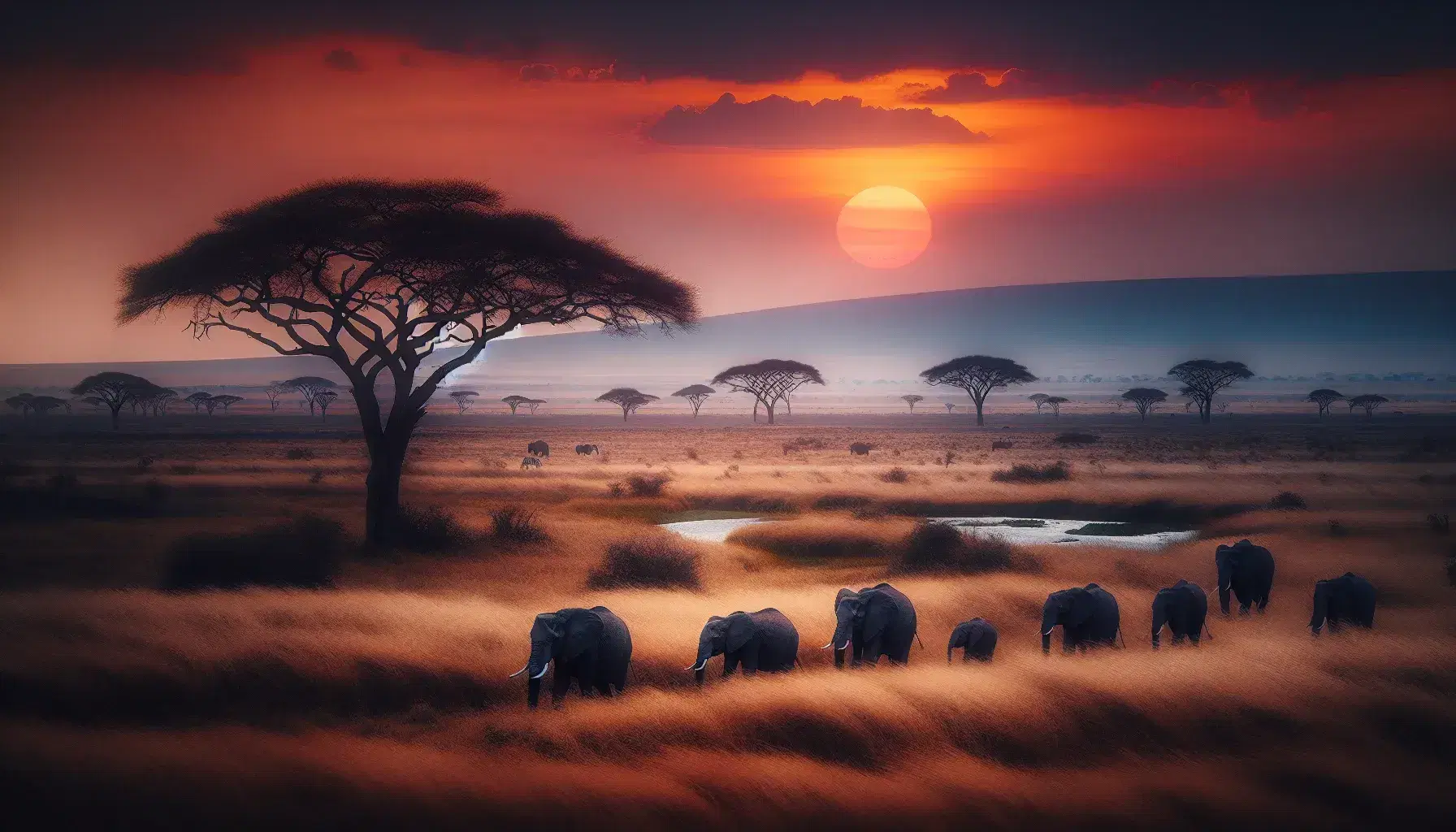 Tramonto sulla savana africana con elefanti che camminano tra acacie, cielo arancione e rosa riflesso in un corso d'acqua.