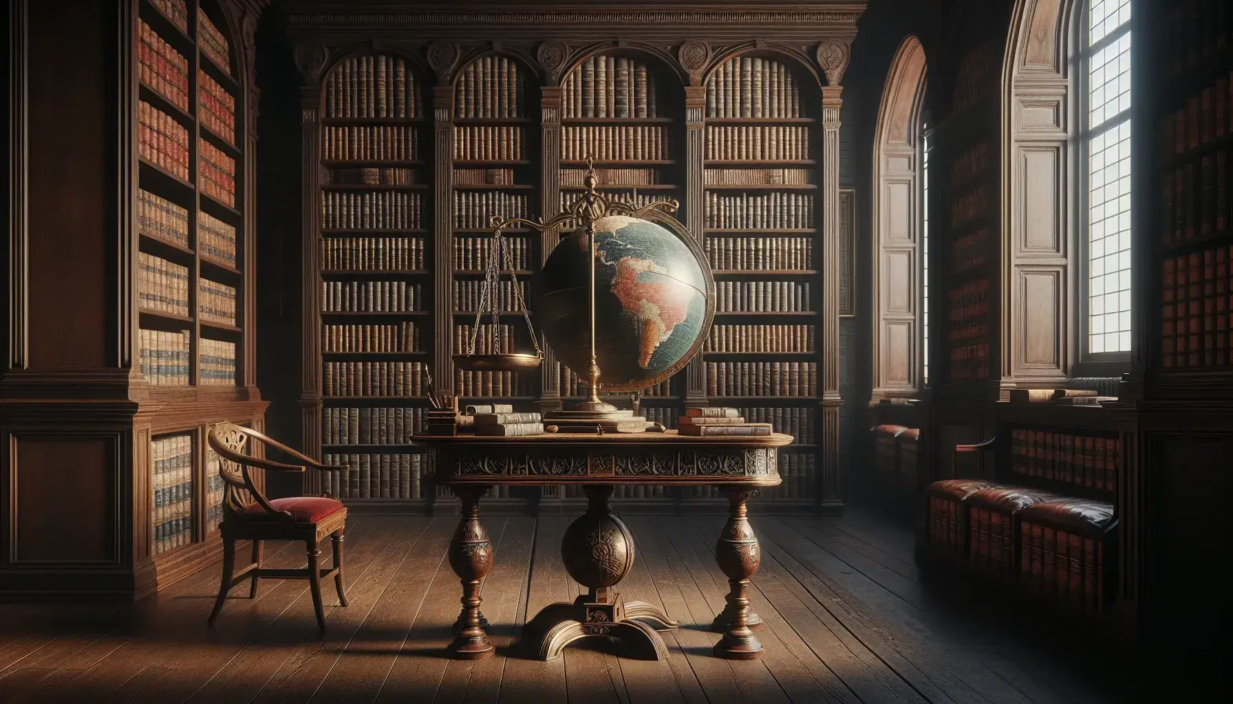 Biblioteca clásica con estanterías de madera oscura llenas de libros encuadernados en cuero, mesa central con globo antiguo y balanza de bronce, iluminada por ventana arqueada.