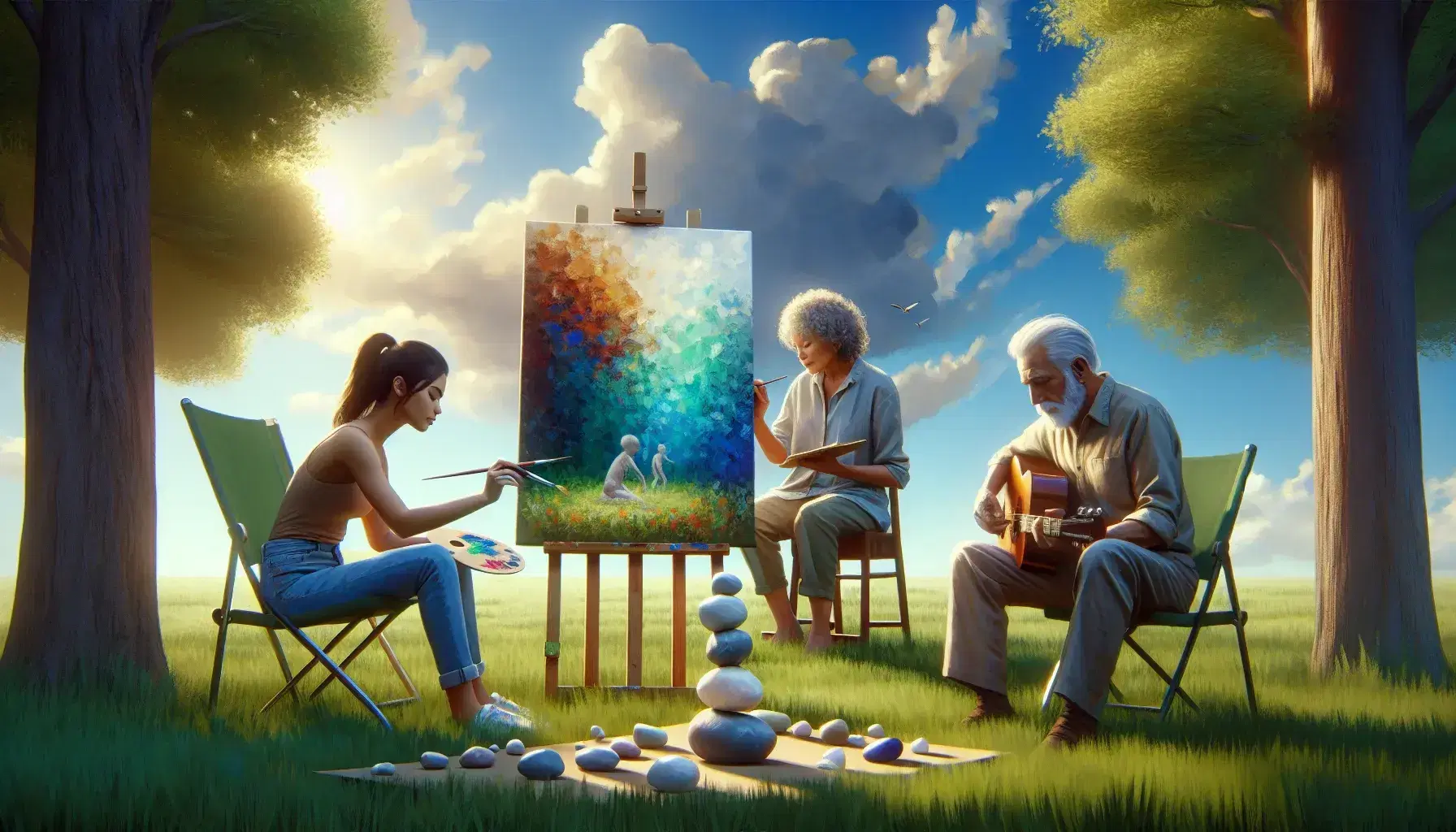 Three diverse individuals engaged in artistic activities outdoors; a young Hispanic woman painting, a senior man playing guitar, and an Asian child stacking stones in a sunny field.
