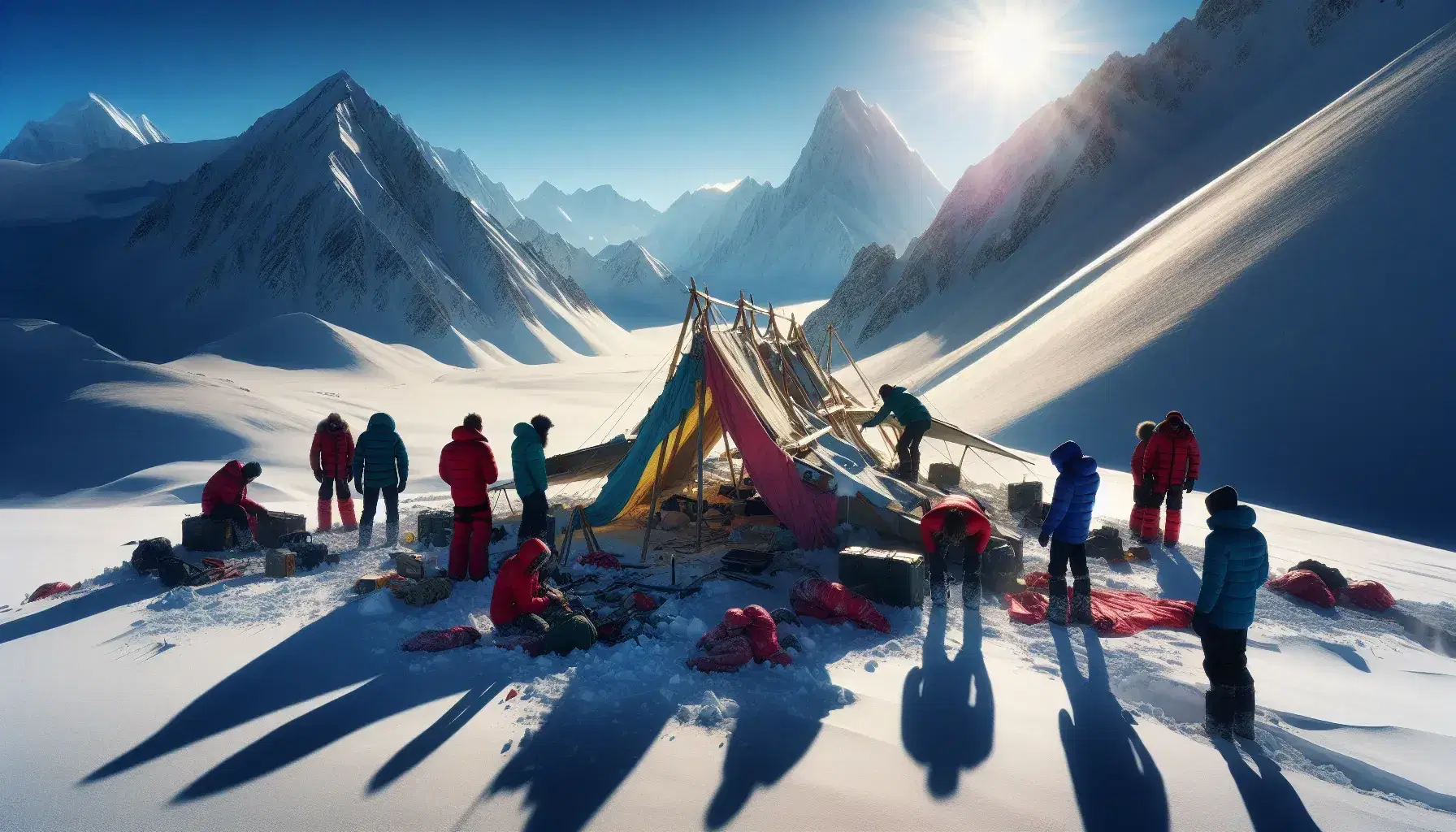 Paisaje montañoso nevado con grupo de personas construyendo refugio improvisado bajo cielo azul, reflejando la luz del sol en la nieve.