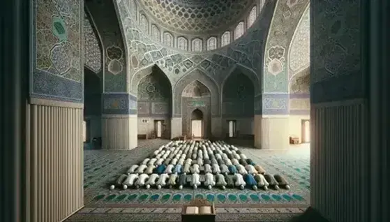 Interno di una moschea con fedeli in preghiera su tappeto ornato, pareti decorate con mosaici e cupola illuminata da luce soffusa.