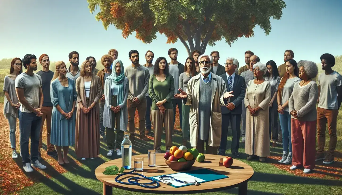Grupo multicultural atento a una persona mayor explicando algo al aire libre, con un árbol frondoso y cielo despejado de fondo, junto a una mesa con botella de agua, frutas y estetoscopio.