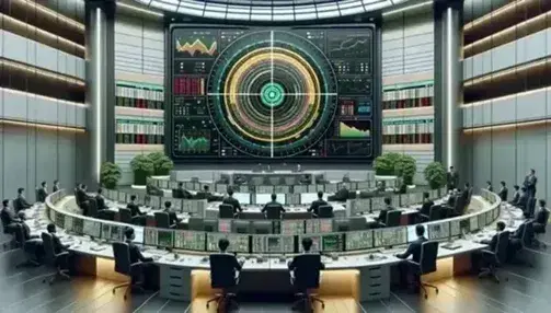 Sala di controllo di una banca centrale con schermo circolare e luci, impiegati concentrati, lavagna con grafici, terminali con monitor e dettagli di piante verdi.