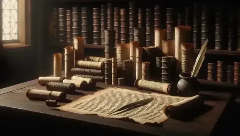 Rotoli di pergamena antica con testo ebraico su tavolo in legno scuro, calamaio e penna d'oca, sfondo con libri rilegati.
