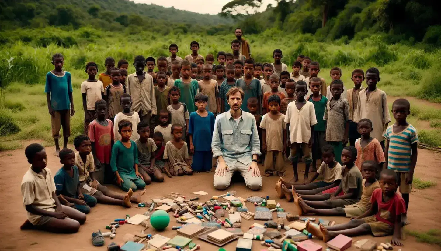 Grupo de niños de diversas edades en entorno natural con adulto, juguetes y libros en el suelo, transmitiendo apoyo y aprendizaje al aire libre.