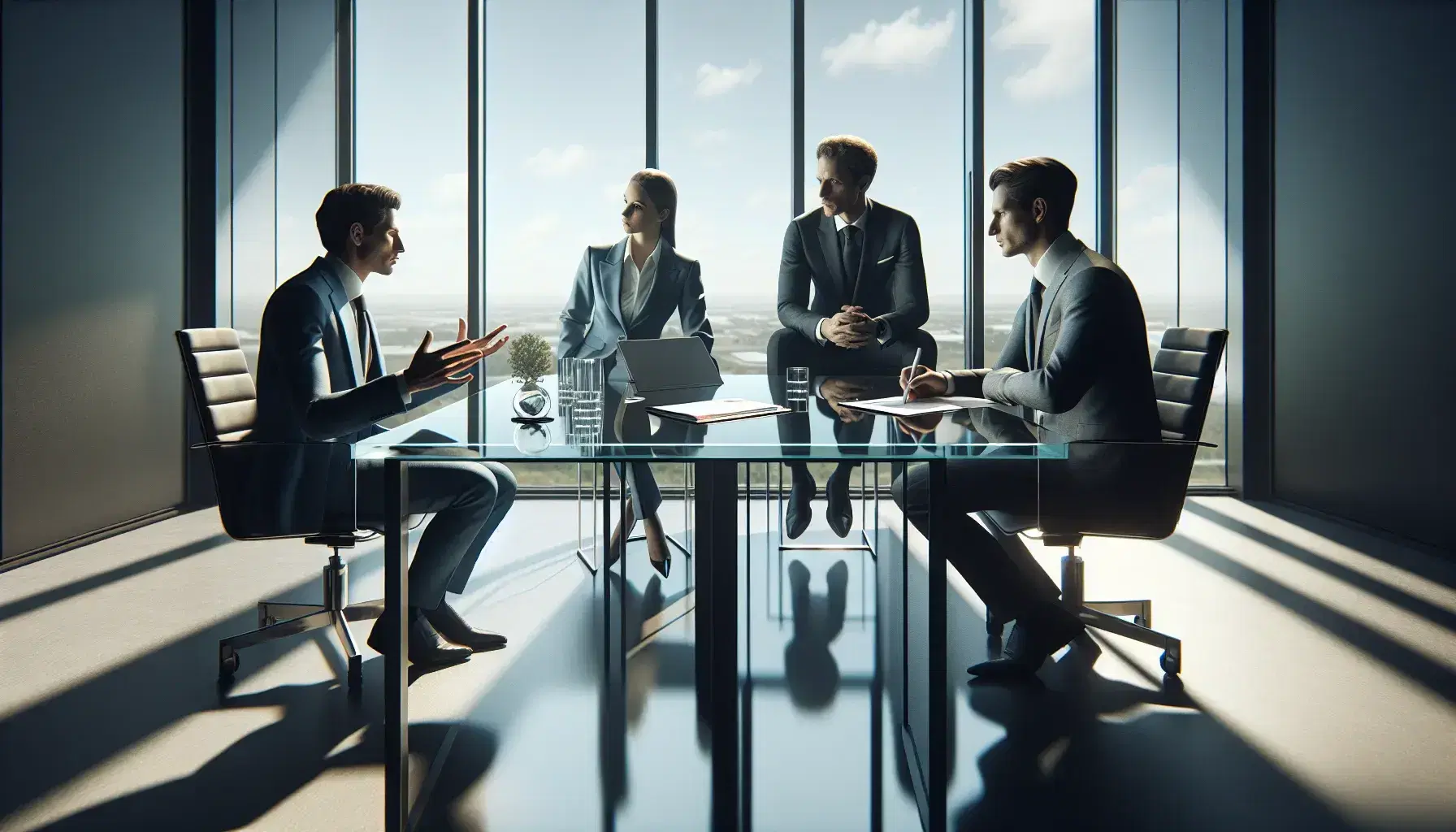 Three professionals in a meeting around a glass table in a modern office, with a laptop, paperweight, and plant, cityscape visible through the window.