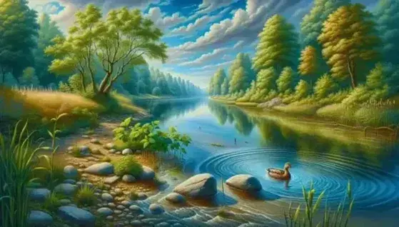 Fiume serpeggiante con riflessi del cielo azzurro, alberi verdi sulle rive, anatra nuotante e cielo nuvoloso senza segni umani.