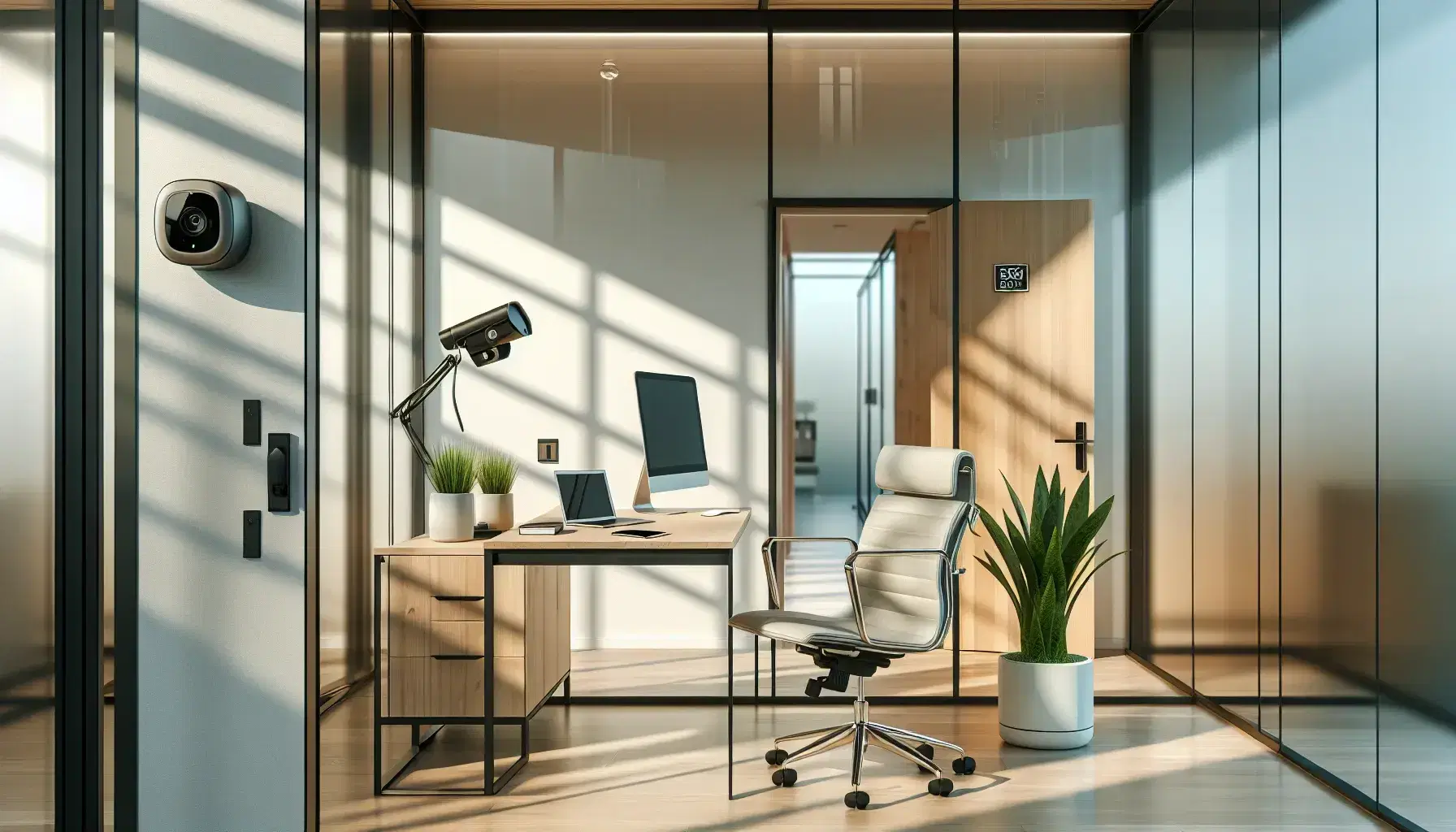 Ufficio moderno e luminoso con pareti in vetro, scrivania in legno con laptop, telefono, pianta, sedia ergonomica grigia e telecamera di sorveglianza.