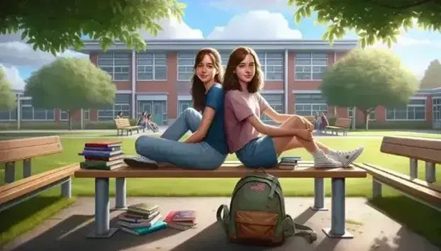 Due ragazze adolescenti sorridenti sedute su una panchina nel cortile scolastico, con zaino aperto e libri colorati tra loro.