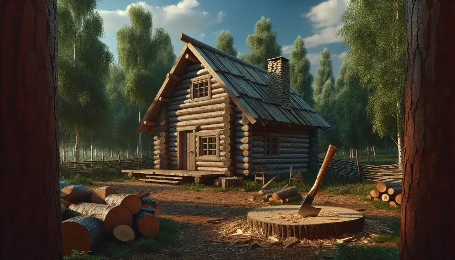 Rustic log cabin nestled in dense forest with a clear blue sky, featuring a stone chimney, wooden shingle roof, and an axe in a chopping block.