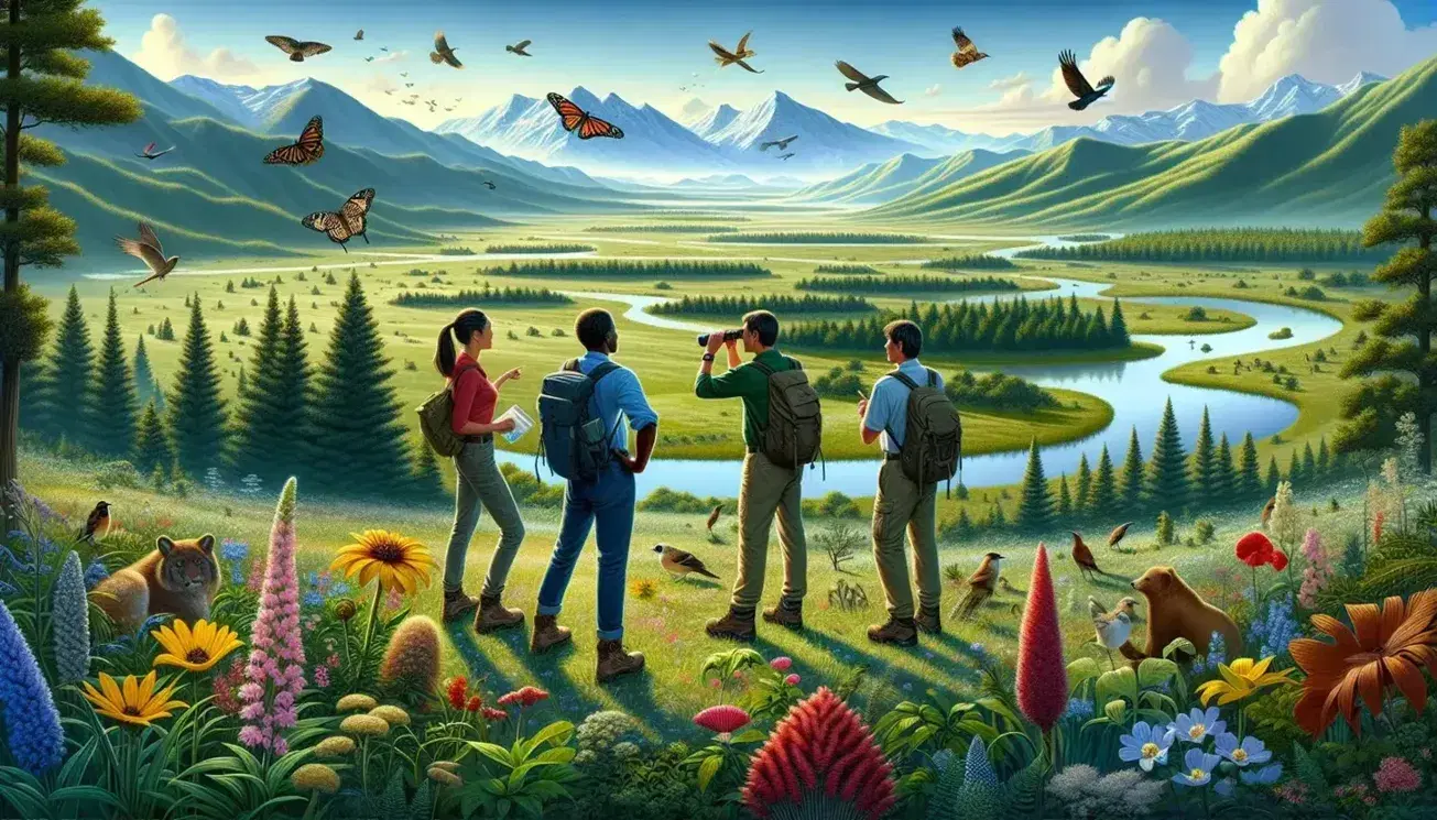 Tres excursionistas de diversas etnias observan la naturaleza en un campo florido con un río serpenteante, árboles frondosos y montañas nevadas al fondo.