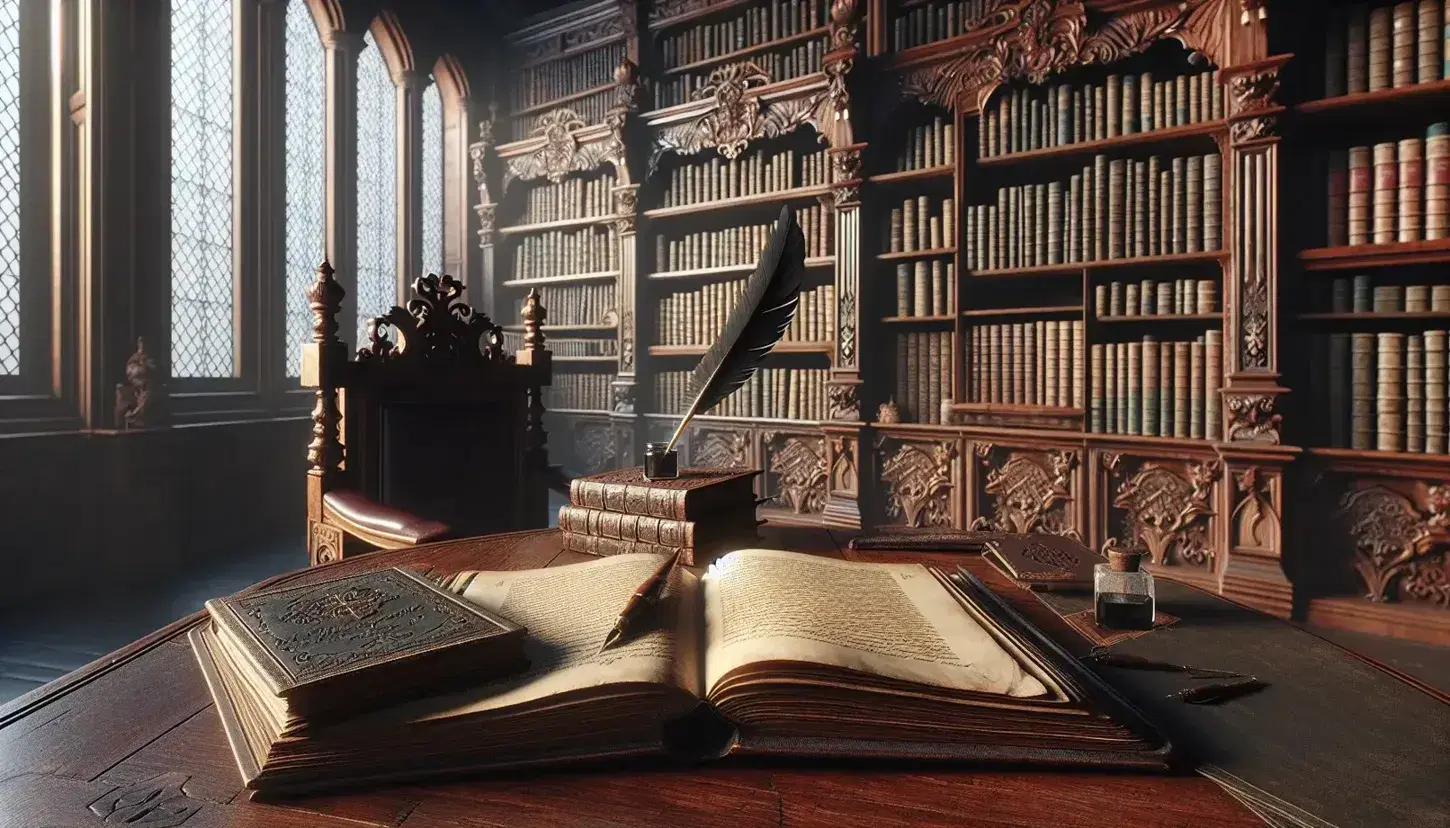Elegant Spanish library with a mahogany table, open book, quill in inkwell, floor-to-ceiling bookshelves filled with leather-bound books, and a large arched window.