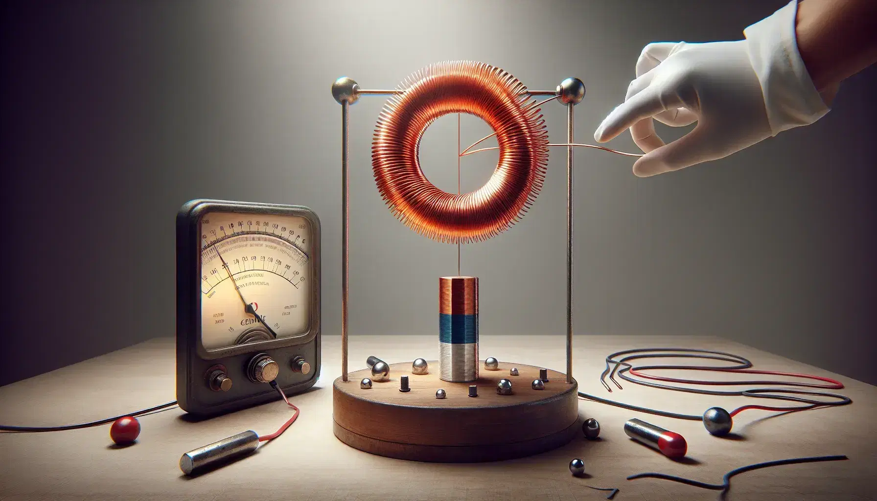 Experimento de inducción electromagnética con bobina de cobre, imán de barra y galvanómetro en laboratorio.