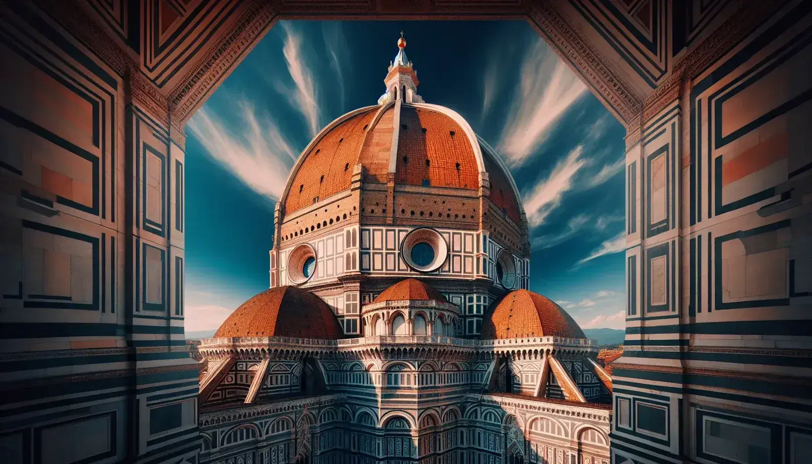 Cupola del Duomo di Firenze in mattoni rossi su cielo azzurro, con dettagli marmorei bianchi, verdi e rossi.