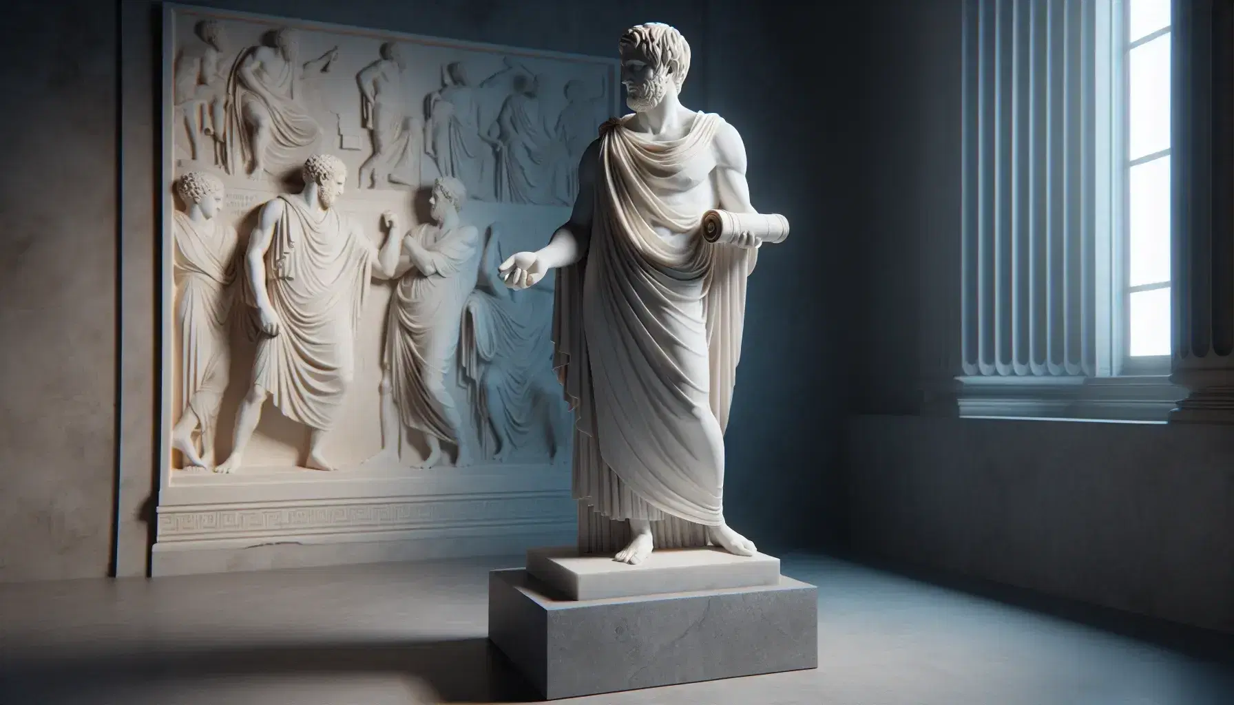 Statua in marmo bianco di filosofo greco antico in toga con pergamena e gesto oratorio su piedistallo grigio, con bassorilievo di vita quotidiana sullo sfondo.