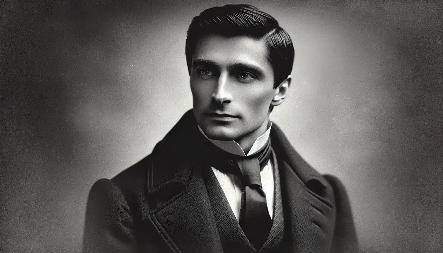 Ritratto fotografico in bianco e nero di uomo adulto in abito formale storico, con giacca scura, gilet e cravatta, espressione seria.