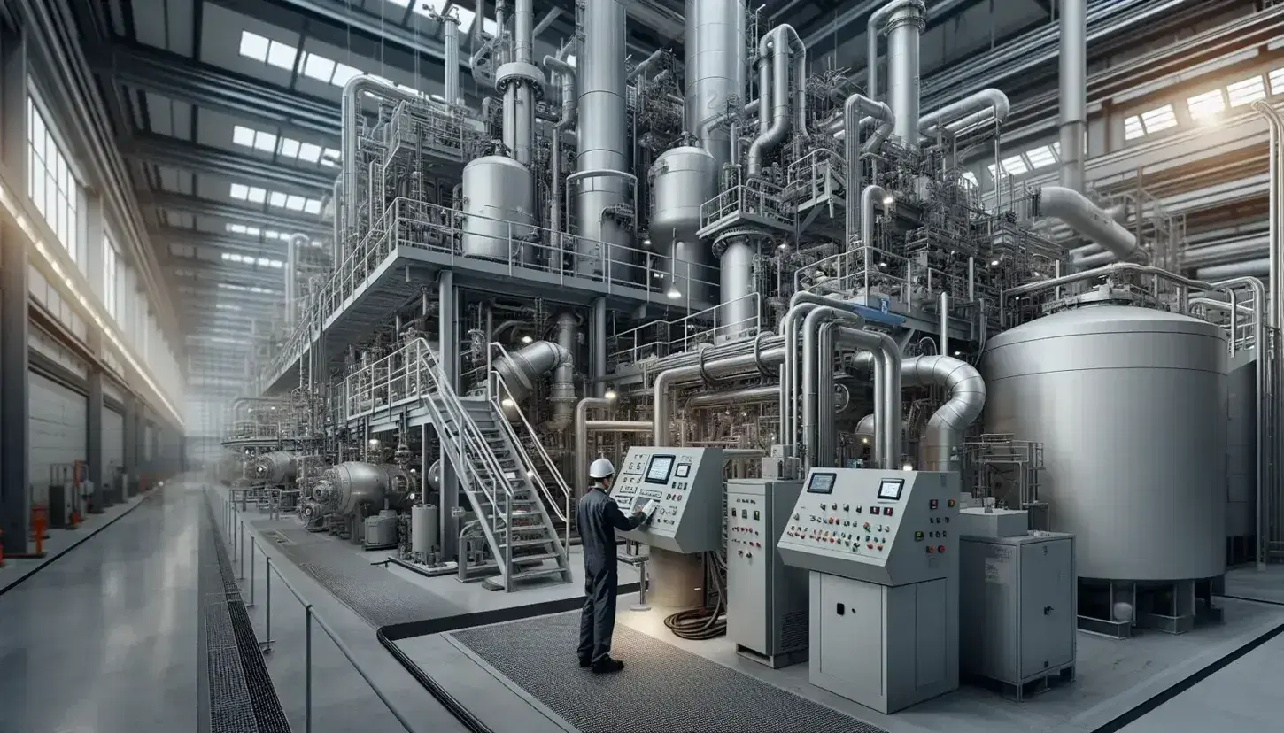 Planta industrial en funcionamiento con maquinaria pesada, operario en panel de control y tanques de almacenamiento al fondo, iluminada por luces industriales.