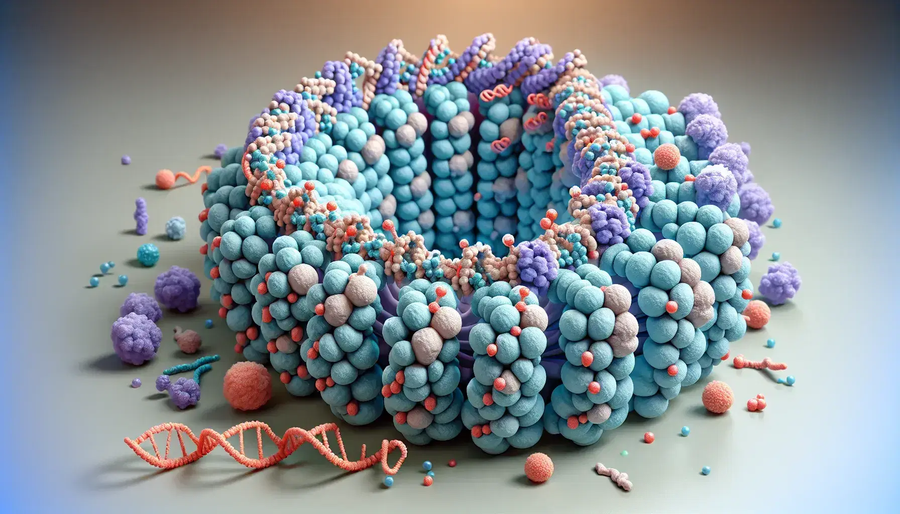 Detailed model of chromatin structure with DNA wrapped around blue and purple histone proteins, highlighted by attached acetyl and methyl groups.