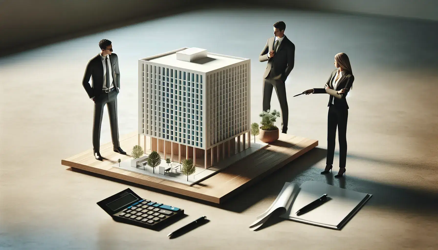 Grupo de tres profesionales analizando maqueta de edificio de oficinas sobre mesa de madera, con calculadora y bolígrafos al lado, en ambiente de trabajo iluminado.