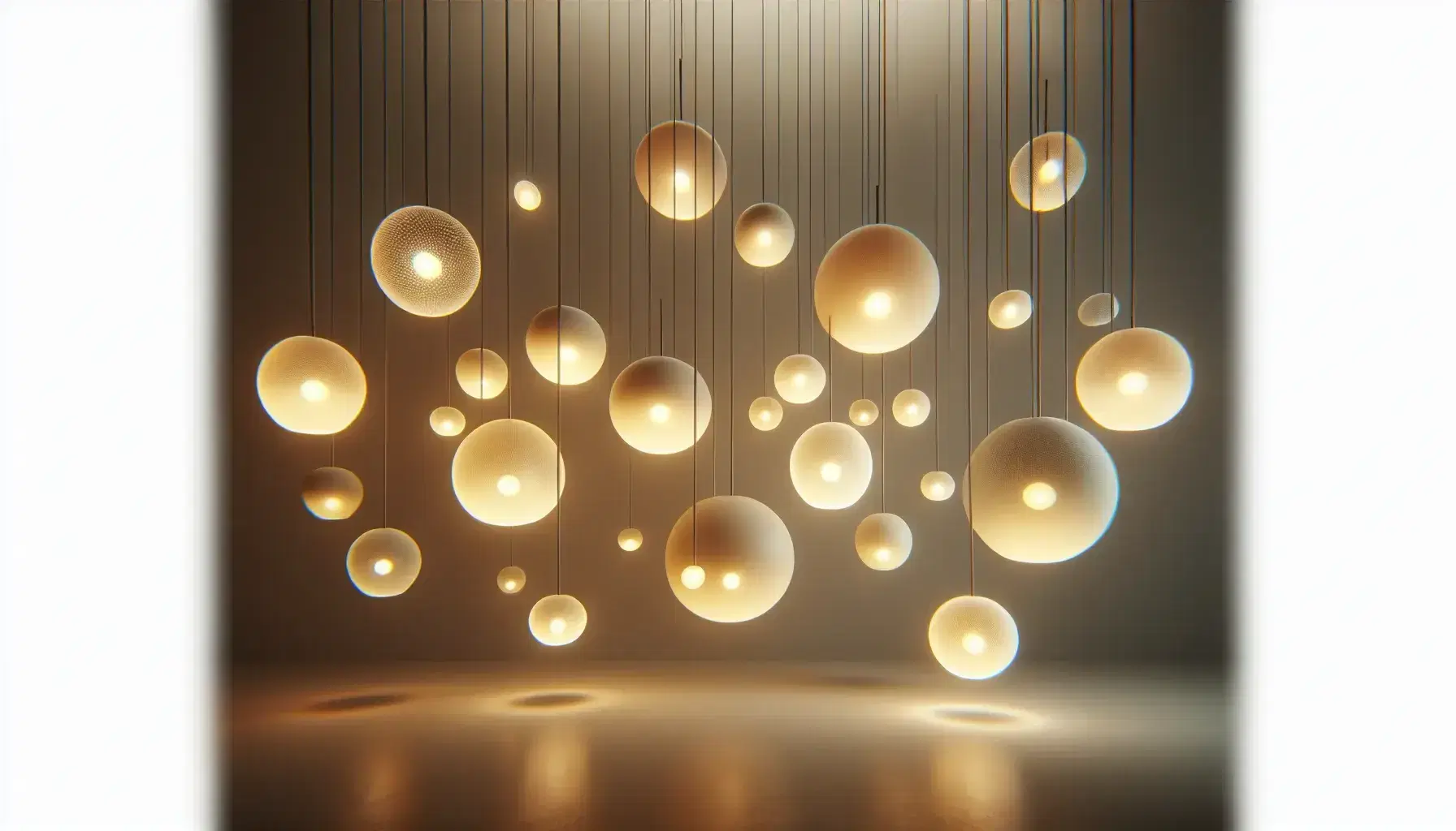 Colección de lámparas esféricas colgantes de diferentes alturas con luz cálida, suspendidas en fondo neutro, creando un efecto de iluminación suave y flotante.