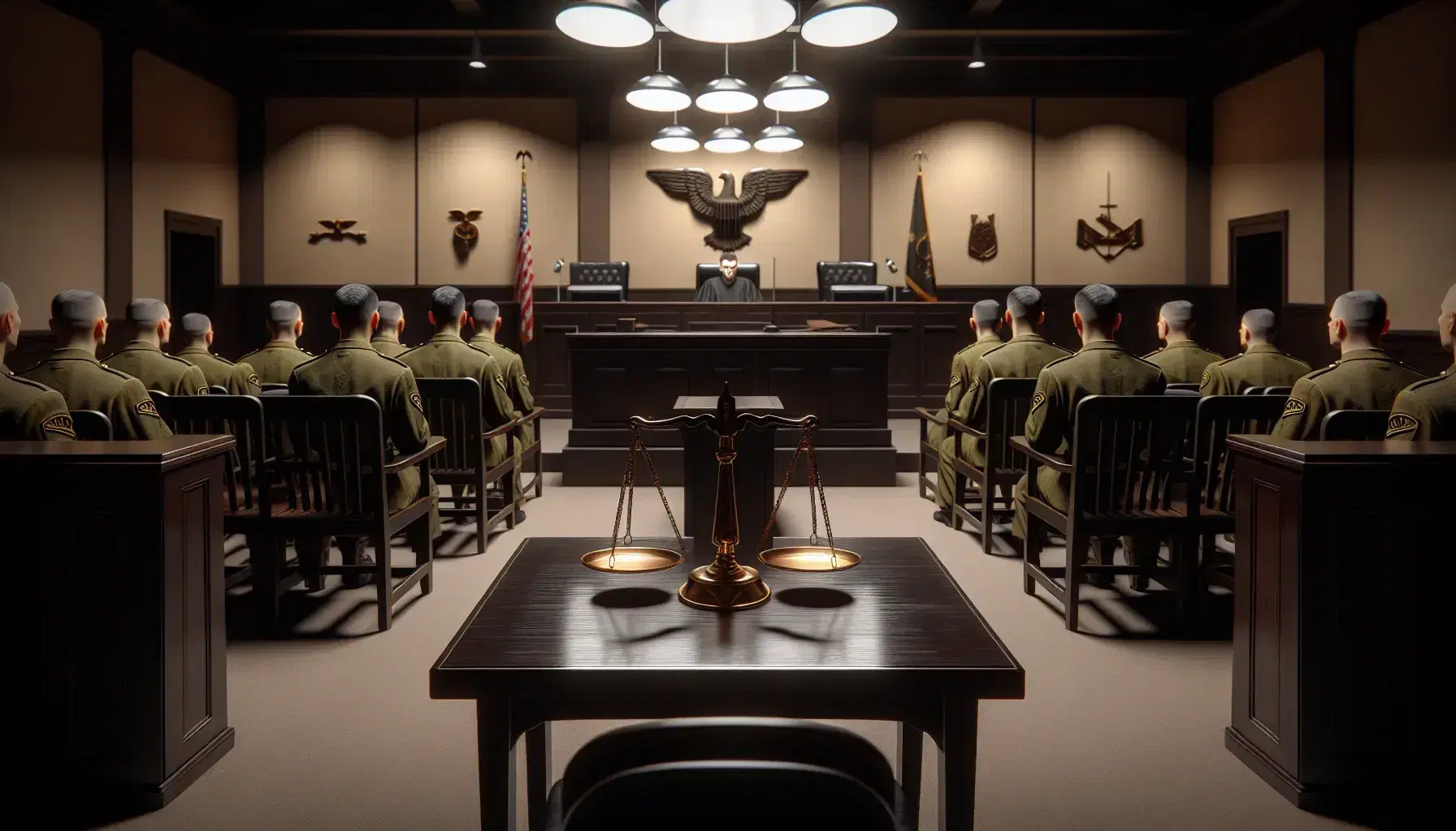 Sala de tribunal militar con jueces uniformados sentados alrededor de una mesa oscura, balanza de la justicia en primer plano y emblemas en las paredes.