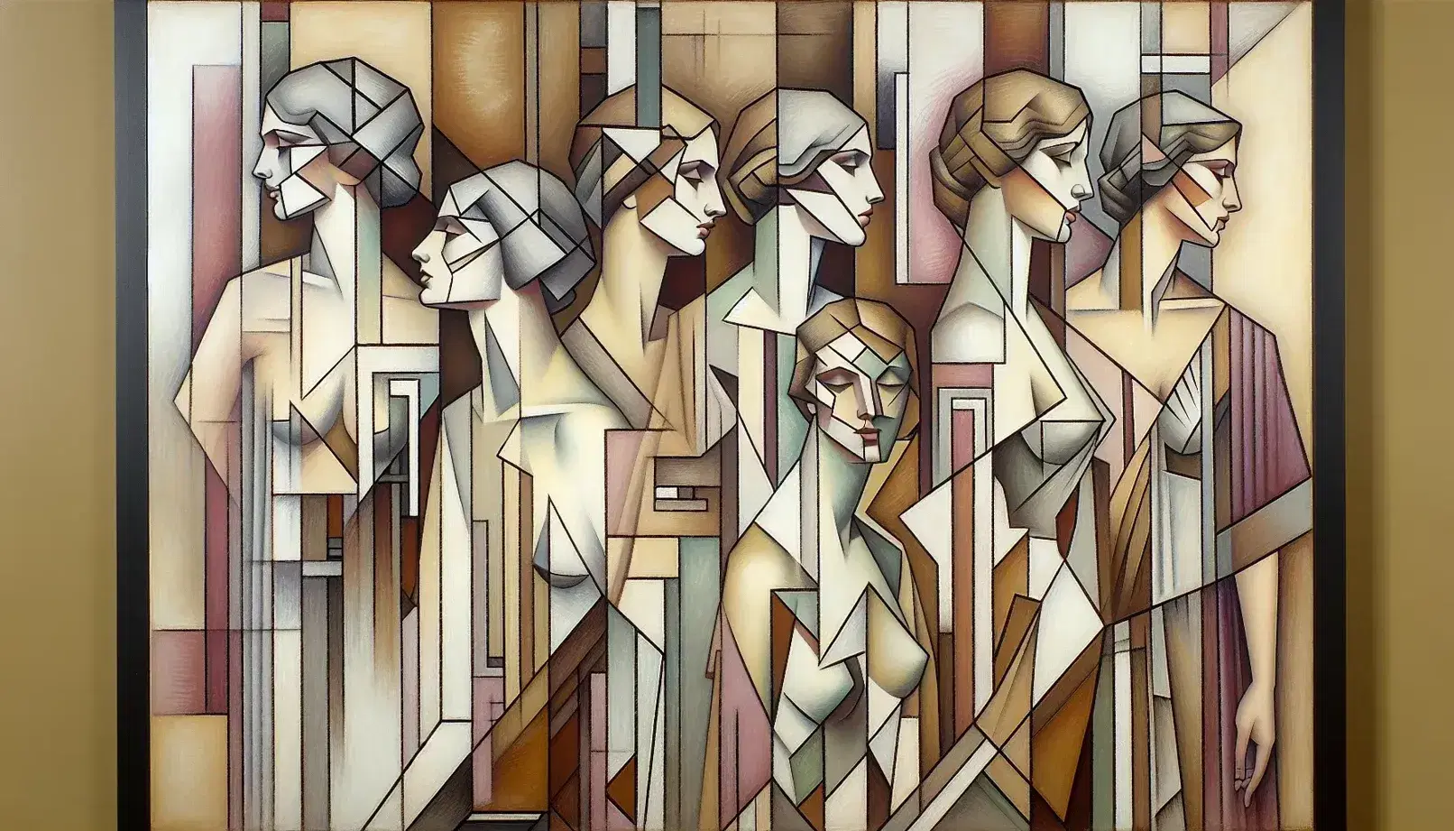 Dipinto astratto con cinque figure femminili in forme geometriche frammentate, tonalità di marrone, beige, grigio, accenti blu e rosa, su sfondo a righe.