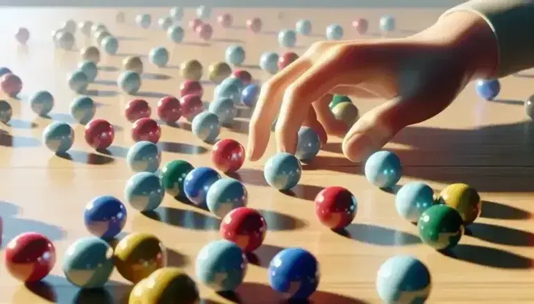Mano humana seleccionando canica azul entre esferas de colores dispersas sobre mesa de madera clara.