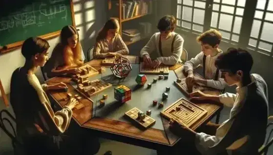 Estudiantes resolviendo rompecabezas y juegos de lógica alrededor de una mesa hexagonal bajo luz natural, reflejando concentración y aprendizaje activo.