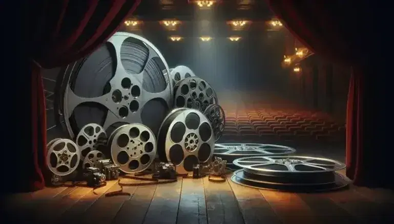 Classic and modern film reels in the foreground with an illuminated theater stage and red velvet curtains in the background, in an intimate atmosphere.