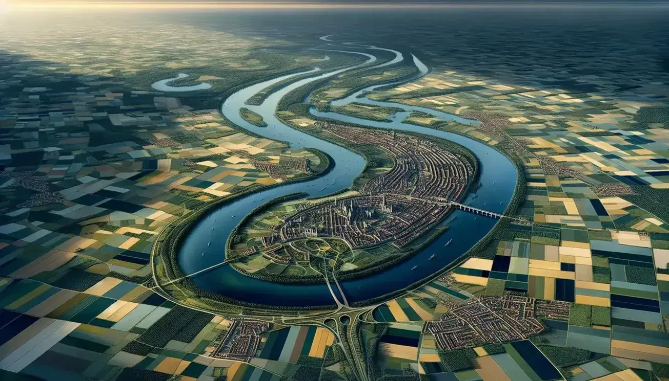 Veduta aerea di un paesaggio belga con fiume serpeggiante, città ordinata con tetti rossi e campi coltivati, ponte in acciaio e aree rurali.